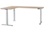 Schäfer Shop Genius Winkelschreibtisch Modena Flex, elektrisch höhenverstellbar, 90° Winkel beidseitig, B 2000 x T 2000 mm, Eiche/weißaluminium