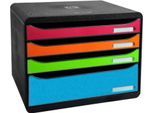Schubladenbox BIG-BOX PLUS HORIZON QUER, A4+, 4 halboffene Schübe, Auszugsstopp/Griffmulde/Etikettenhalter, Etiketten, Blauer Engel, schwarz-harlekin