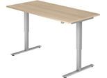Schreibtisch ULM, elektrisch höhenverstellbar, Rechteck, T-Fuß, B 1600 x T 800 x H 720-1190 mm, Eiche/alusilber + Kabelwanne
