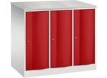 C+P Garderobenschrank Resisto, 3 Abteile, 3 Fächer, B 1148 x T 640 x H 1077 mm, Lichtgrau/Rubinrot