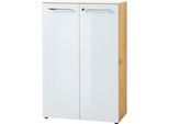 Aktenschrank MONTERIA, Front & Abdeckplatte aus Glas, abschließbar, 3 OH, B 800 x T 370 x H 1200 mm, Navarra Eiche/weiß