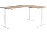 Winkelschreibtisch AERO FLEX, elektrisch höhenverstellbar, 90° Winkel, T-Fuß, B 2000 x T 2400 mm, Eiche/weiß + Memorypanel
