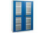 Schäfer Shop Genius Flügeltürenschrank FS, Stahl, Sichtfenster, Lüftungslöcher, B 1343 x T 620 x H 1950 mm, 5 OH, Lichtgrau/Enzianblau, bis 750 kg