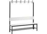Garderobenbank Basic Plus, 1-seitig, Rückenlehne, mit Schuhrost, Fußgestell schwarzgrau RAL 7021, B 1500 mm, Dekor weiß