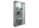 Wandvitrine Vitrosa Maxi, ohne LED-Beleuchtung, 8 Einlegeböden, 2 Flügeltüren, B 590 x T 180 x H 1140 mm, Glas & Holz, silber