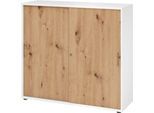Schiebetürschrank Breno, abschließbar, Spanplatte, melaminharzbeschichtet, B 1200 x T 400 x H 1100 mm, 3 Ordnerhöhen, weiß/Asteiche