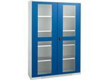 Schäfer Shop Genius Sichttürschrank FS, 5 OH, abschließbar, 4 Fachböden, bis 450 kg, B 1343 mm, Stahl, lichtgrau RAL 7035/enzianblau RAL 5010