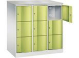 C+P Schließfachschrank Resisto, 3 Abteile, 9 Fächer, B 1148 x T 640 x H 1255 mm, Lichtgrau/Clowngrün