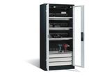 C+P Akkuladeschrank Comfort mit Sichtfenster aus Acrylglas und Schubladenblock, H 1950 x B 930 x T 500 mm, Anthrazit/Lichtgrau