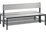 Sitzbank Basic Plus, 2-seitig, mit Rückenlehne & Schuhrost, 4-Fußgestell schwarzgrau RAL 7021, B 1500 mm, Dekor silbergrau