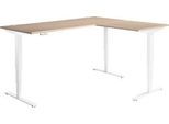 Winkelschreibtisch AERO FLEX, elektrisch höhenverstellbar, 90° Winkel, T-Fuß, B 2000 x T 2000 mm, Eiche/weiß + Memorypanel