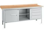 Kastenwerkbank Schäfer Shop Select PW 200-1, Buche Multiplexplatte, mit Stahlkante, bis 750 kg, B 2000 x T 700 x H 840 mm, Weißaluminium
