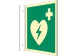 moedel Fahnenschild „Automatischer externer Defibrillator AED“, EN ISO 7010, Leuchtklasse C, 160 mcd/m², bis 20 m, L 200 x B 200 mm, Kunststoff