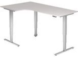 Winkelschreibtisch ULM, elektrisch höhenverstellbar, 90° Winkel links, T-Fuß, B 2000 x T 1200 x H 625-1275 mm, lichtgrau/weißalu + Memoryschalter