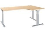 Schäfer Shop Select Winkelschreibtisch ERGO-T 2.0, 90° Winkel, Ansatz rechts, T-Fuß, B 2000 x T 1200/800 x H 675-895 mm, Ahorn/weißalu
