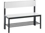 Sitzbank Basic Plus, 1-seitig, Rückenlehne, mit Schuhrost, 4-Fußgestell schwarzgrau RAL 7021, B 1000 mm, Dekor weiß