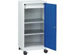 Werkzeugschrank mit Rollen, Flügeltür, 2 Böden, 1 Schub, B 500 x T 500 x H 1000 mm, abschließbar, lichtgrau/blau