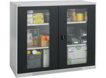 Schäfer Shop Genius Flügeltürenschrank FS, Stahl, Sichtfenster, Lüftungslöcher, B 1343 x T 520 x H 1105 mm, 3 OH, Weißalu/Anthrazitgrau, bis 450 kg