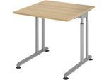 Schreibtisch Breno, manuelle Höheneinstellung, horizontaler Kabelkanal, B 800 x T 800 x H 680-820 mm, Spanplatte & Stahl, Eiche/Silber