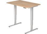 Schreibtisch ULM, elektrisch höhenverstellbar, Rechteck, T-Fuß, B 1200 x T 800 x H 625-1275 mm, Nussbaum/weißalu + Memoryschalter