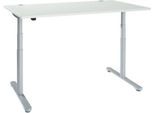 Schreibtisch, zweistufig elektrisch höhenverstellbar, T-Fuß Rundrohr, B 1600 x T 800 x H 634-1294 mm, lichtgrau/weißaluminium