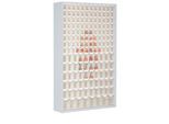 Magazinschrank, Volumen 635 l, 154 herausnehmb. Klappkästen m. Griffmulde, B 1270 x T 250 x H 2000 mm, l.grau/transparent