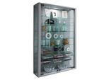 Wandvitrine Vitrosa Mini, mit LED-Beleuchtung, 8 Einlegeböden, 2 Flügeltüren, B 590 x T 180 x H 910 mm, Glas & Holz, silber