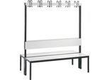 Garderobenbank Basic Plus, 2-seitig, Rückenlehne, ohne Schuhrost, Fußgestell schwarzgrau RAL 7021, B 1500 mm, Dekor weiß