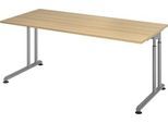 Schreibtisch Breno, manuelle Höheneinstellung, horizontaler Kabelkanal, B 1600 x T 800 x H 680-820 mm, Spanplatte & Stahl, Eiche/Silber