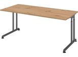 Schreibtisch Breno, manuelle Höheneinstellung, horizontaler Kabelkanal, B 1800 x T 800 x H 680-820 mm, Spanplatte & Stahl, Asteiche/Graphit