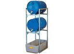 Fassregal Typ 120 Variante 1 CEMO, mit Auffangwanne und Fassauflage, 2 x 60-L-Fässer, L 450 x B 820 x H 1310 mm