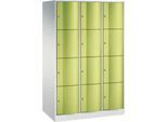 C+P Schließfachschrank Resisto, 3 Abteile, 12 Fächer, B 1148 x T 640 x H 1950 mm, Lichtgrau/Clowngrün