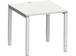 Schäfer Shop Genius Schreibtisch Modena Flex, Quadrat, 4-Fuß Rechteckrohr, B 800 x T 800 x H 650-850 mm, lichtgrau/weißaluminium