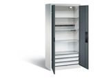 C+P Akkuladeschrank Basic mit Vollblechtüren und Schubladenblock, H 1950 x B 930 x T 500 mm, Lichtgrau/Rubinrot