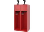 Feuerwehrspind C+P Evolo Youngster, 2 Abteile, mit Helmhalter, Bodengleiter, B 800 x T 500 x H 1530 mm, RAL 3000 Feuerrot