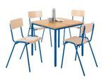 Sparset Stapelstühle, Buchenholz, Gestell blau, B 450 x T 520 x H 770 mm, 4 Stück + Tisch, Buche-Natur, Gestell blau, L 800 x B 800 x H 720 mm
