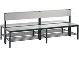 Sitzbank Basic Plus, 2-seitig, mit Rückenlehne & Schuhrost, 4-Fußgestell schwarzgrau RAL 7021, B 1960 mm, Dekor silbergrau