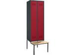 Schäfer Shop Genius Kleiderspind mit Sitzbank, 2 Abteile, Sicherheitsdrehriegelverschluss, anthrazit RAL 7016/rot