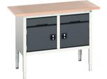 Kastenwerkbank Bott verso, Multiplex-Platte, 2 Schubladen und 2 Türen, B 1500 x T 600 x H 830 - 930 mm, RAL 7035 Lichtgrau / Anthrazitgrau