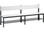 Sitzbank Basic Plus, 1-seitig, Rückenlehne, mit Schuhrost, 4-Fußgestell schwarzgrau RAL 7021, B 1960 mm, Dekor weiß