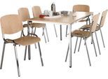 Sparset Stapelstuhl ISO Wood, stapelbar bis 10 Stück, Buchenholz, Sitzmaße B 475 x T 415 x H 460 mm, 6 Stück + Konferenztisch, Buche-Dekor, B 1600 x T 800 mm