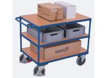 Schwerer Tischwagen, Stahl/MDF-Platte, Enzianblau/Buche-Dekor, 3 Etagen, L 1200 x B 800 mm, TPE-Rollen mit EasySTOP, bis 500 kg