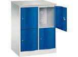 C+P Schließfachschrank Resisto, 2 Abteile, 4 Fächer, B 772 x T 540 x H 1077 mm, Lichtgrau/Enzianblau
