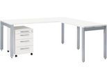Schäfer Shop Select Komplettset LOGIN, 4-Fuß Schreibtisch 1800 mm, 4-Fuß Anbautisch, Rollcontainer, weiß