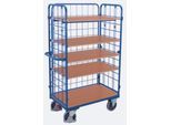 Drahtgitter-Etagenwagen, Stahl/MDF-Platte, Enzianblau/Buche-Dekor, 1 Etage, 1000 x 700 mm, einhängbare Längswand, EasySTOP, bis 500 kg