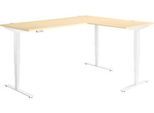 Winkelschreibtisch AERO FLEX, elektrisch höhenverstellbar, 90° Winkel, T-Fuß, B 2000 x T 1600 mm, Ahorn/weiß + Memorypanel