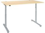 Schreibtisch, zweistufig elektrisch höhenverstellbar, T-Fuß Rundrohr, B 1600 x T 800 x H 634-1294 mm, Ahorn/weißaluminium