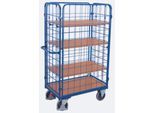 Drahtgitter-Etagenwagen, Stahl/MDF-Platte, Enzianblau/Buche-Dekor, 1 Etage, 850 x 500 mm, einhängbare Längswände, EasySTOP, bis 400 kg