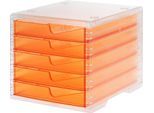Schubladenbox styro® styroswing light, 5 Schübe, Auszugsperre & Griffmulde, stapelbar, B 270 x T 340 x H 255 mm, Polystyrol, transparent-apricot