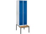 Schäfer Shop Genius Kleiderspind mit Sitzbank, 2 Abteile, Sicherheitsdrehriegelverschluss, lichtgrau/enzianblau